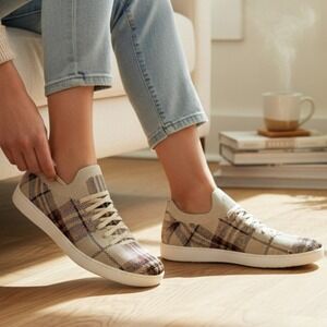 LifeStride Plaid Knit Sneakers Women Tan Beige Soft System Lace Up Shoes Size 8W